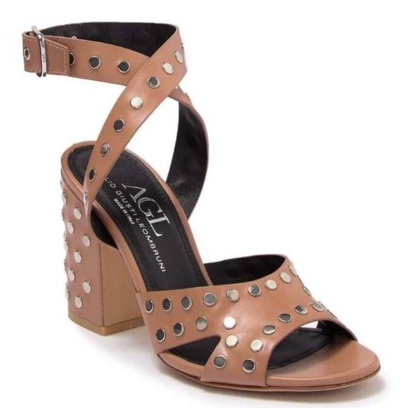 New AGL Tan Studded Ankle Wrap Leather Block Heels - Picture 1 of 14